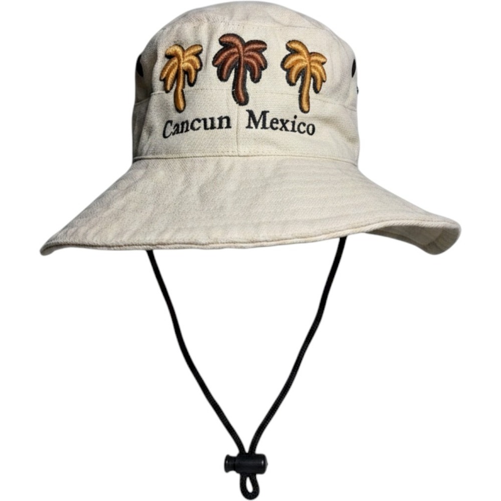 Frank's Cancun Mexico Men's Boonie Hat Beige Drawstring Embroidered Palms OSFM